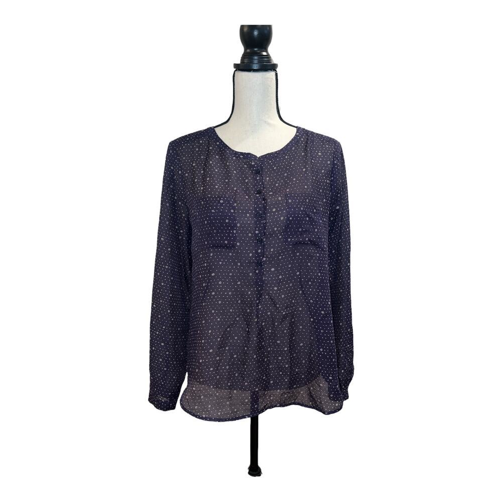 Ann Taylor LOFT Navy & Mauve Printed 1/2 Button Up Long Sleeve Blouse Top Small
